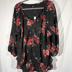Elegant Floral Black and Red Women's Blouse